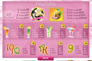 Vanilla Cocktails Mobile Slot Paytable