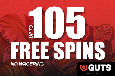 Get up to 105 Free Spins No Wagering at Guts Mobile Casino
