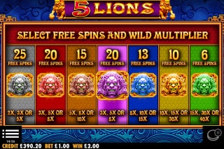 5 Lions Free Spins Select